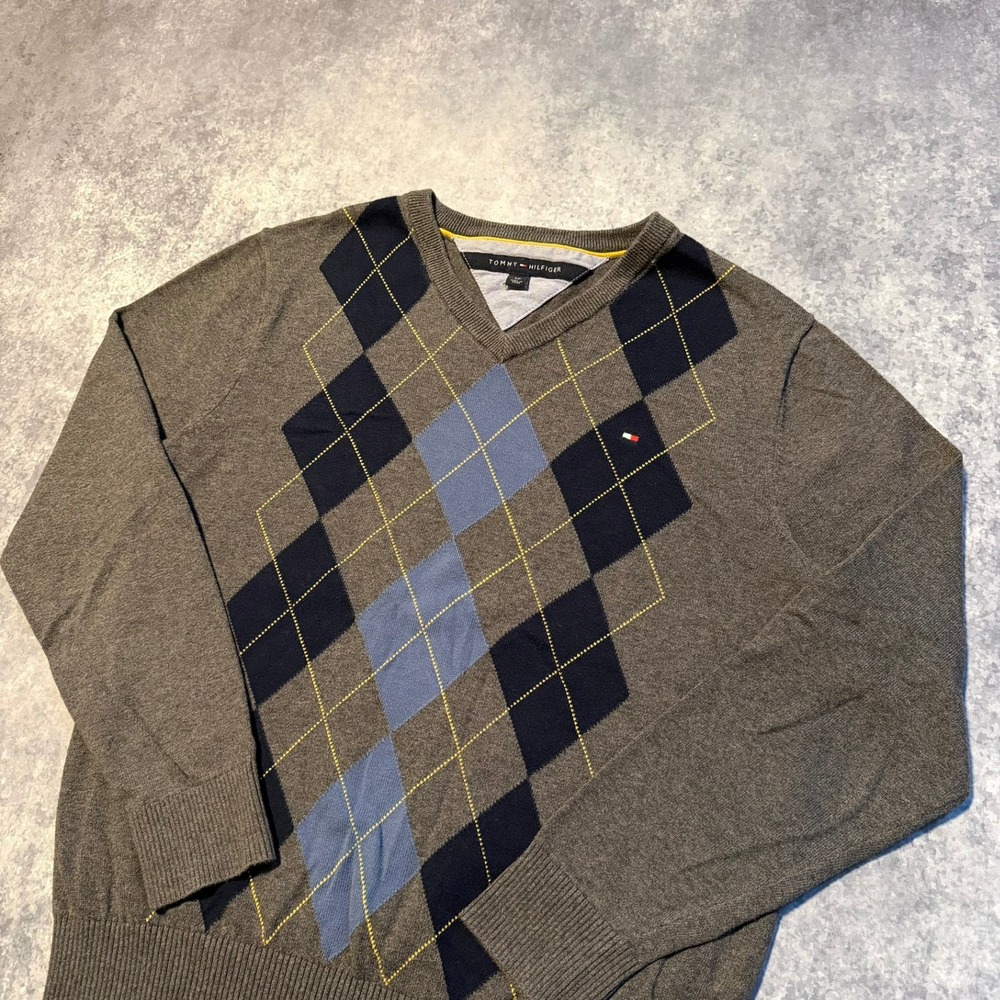Tommy Hilfiger Mens Argyle V Neck Sweater Size SP Gray Blue Navy Yellow